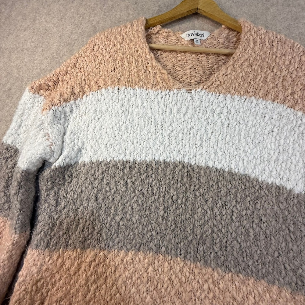 Davi & Dani Womens Popcorn Knit Striped V-Neck Sweater Neutral Tan Grey Cream M - Picture 5 of 7